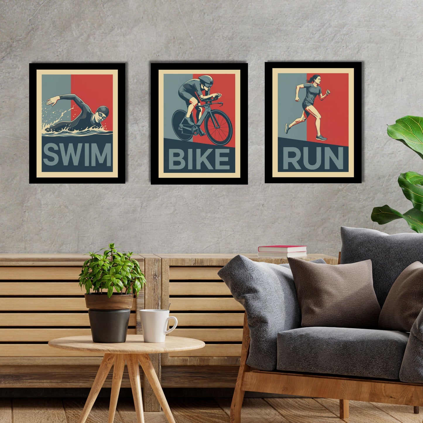 Living room with 'Swim', 'Bike', and 'Run' framed posters on a gray wall.