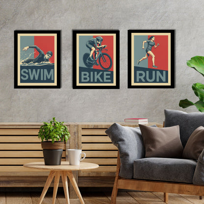Living room with 'Swim', 'Bike', and 'Run' framed posters on a gray wall.