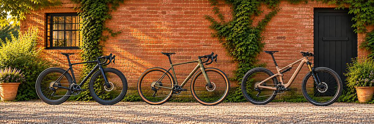 Road, gravel, and mountain bikes leaning against a brick wall