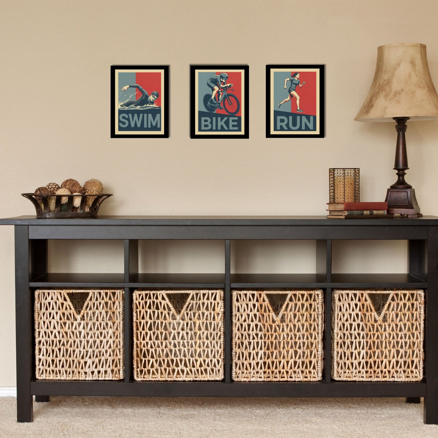 Foyer with a dark wooden console table featuring wicker baskets, framed artwork on the wall, and a lamp.