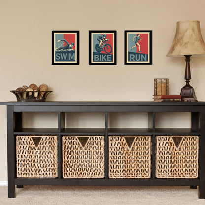 Foyer with a dark wooden console table featuring wicker baskets, framed artwork on the wall, and a lamp.