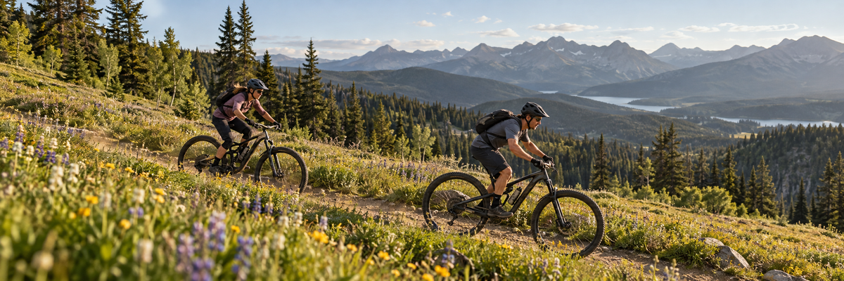 Two mountain bike riders descending a meadow trail with mountains in the background