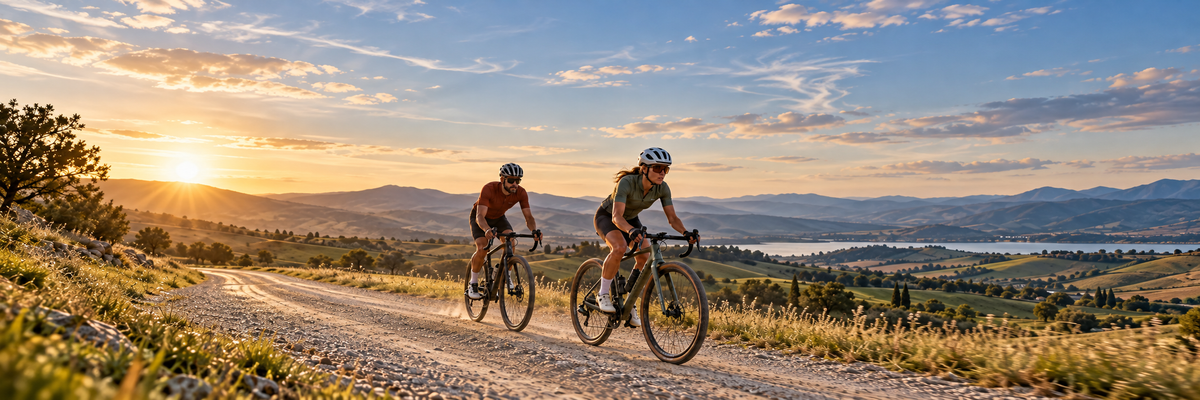 Two road and gravel cyclists riding through scenic rolling countryside with full upper bodies visible