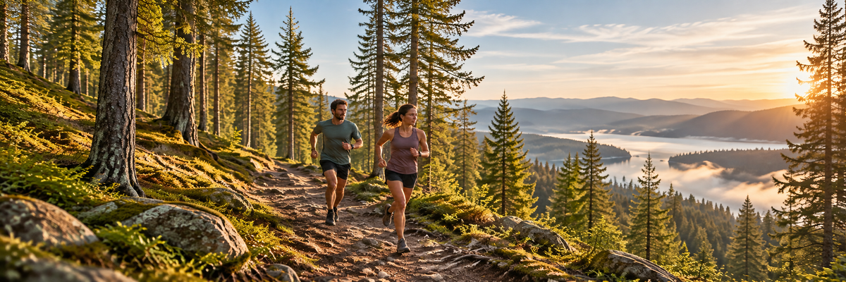 Two runners moving along a wooded trail with their full bodies visible